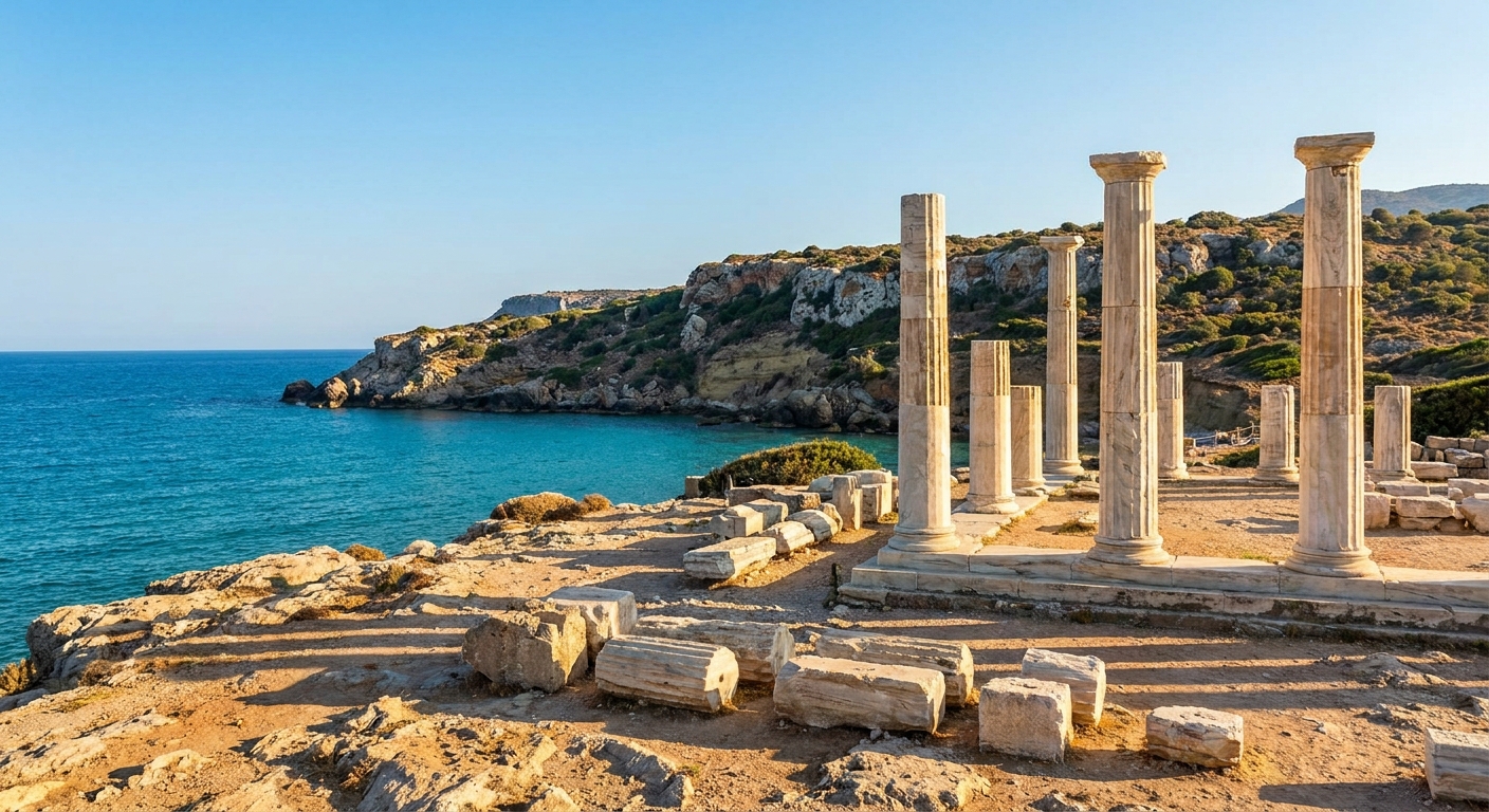 Ancient marble temple ruins on a sunlit Mediterranean coastline, broken columns and sea cliffs in the background