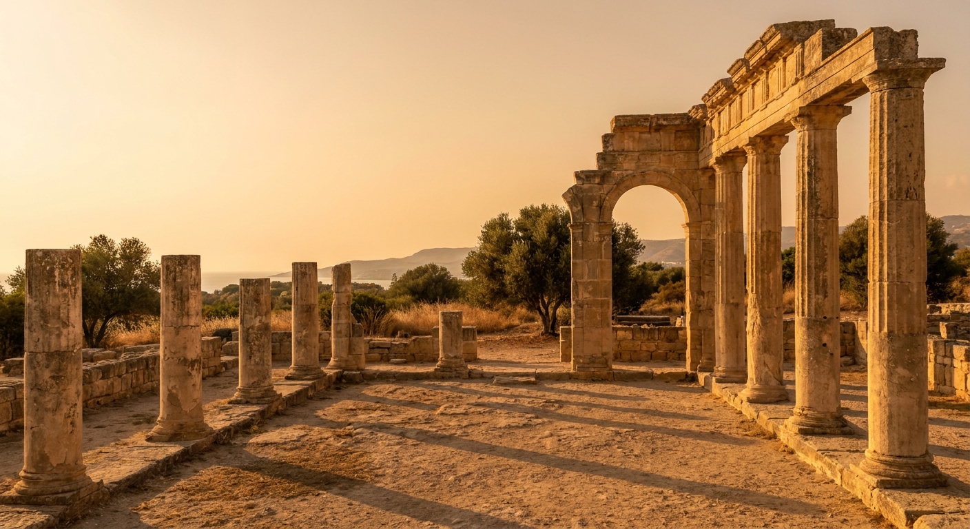 Ancient stone ruins of a sanctuary near Paphos, Cyprus in warm late-afternoon light, real travel photography style