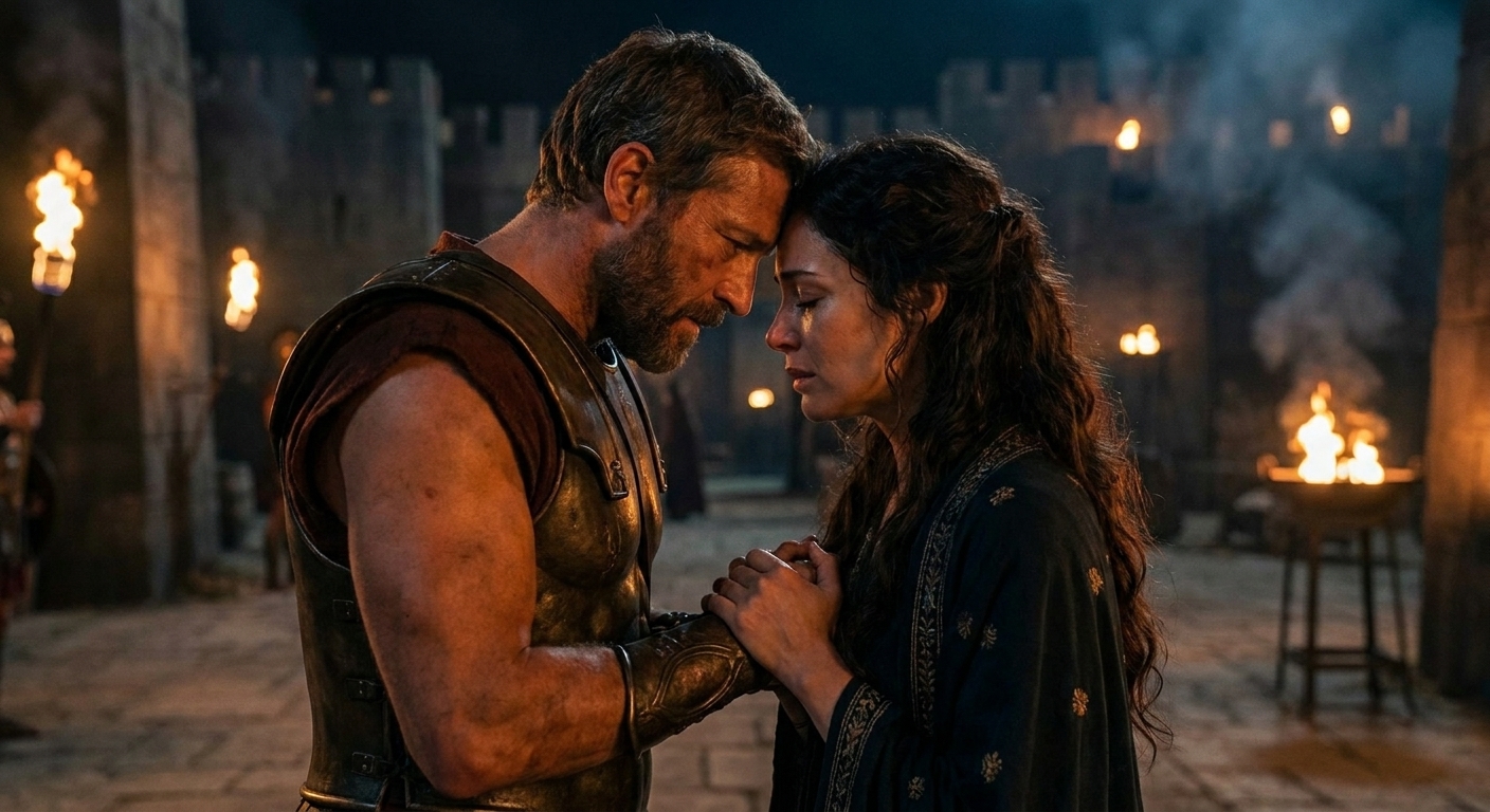 Andromache and Hector as adult spouses in a torchlit Trojan courtyard, Hector in bronze armor resting his forehead close to hers, Andromache gripping his wrist as if to stop time, warm firelight and looming city walls behind them