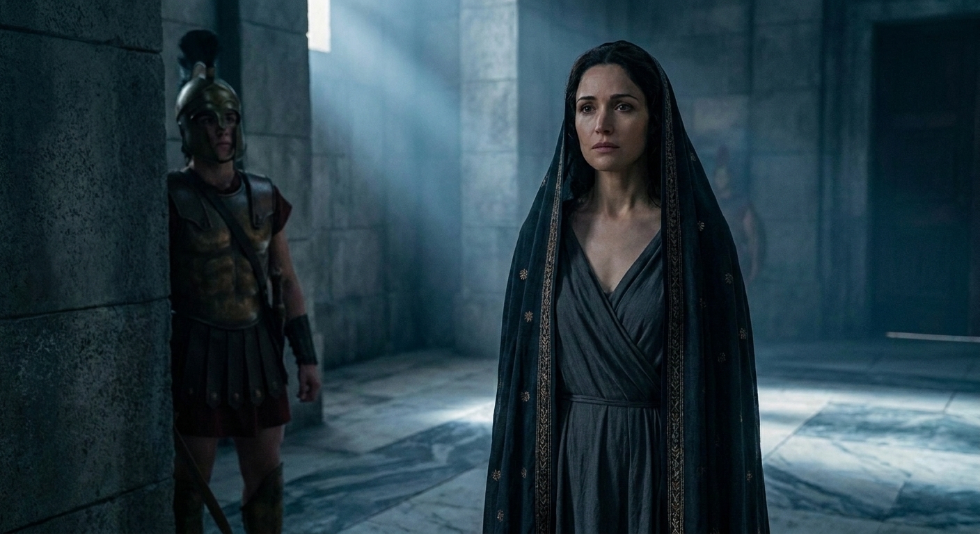 Andromache as an adult captive in a foreign stone hall, wearing a simple draped dress with a dark veil, standing upright with calm, guarded eyes while a young bronze-armored warrior watches from the shadows, cold dawn light cutting across marble