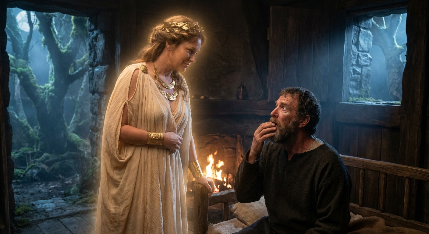 Aphrodite, an adult goddess in flowing pale robes with gold jewelry, revealing her divine radiance to adult Anchises in a shadowed woodland chamber on Mount Ida, his face stunned and fearful, warm firelight and moonlit mist filtering through trees, cinematic myth realism