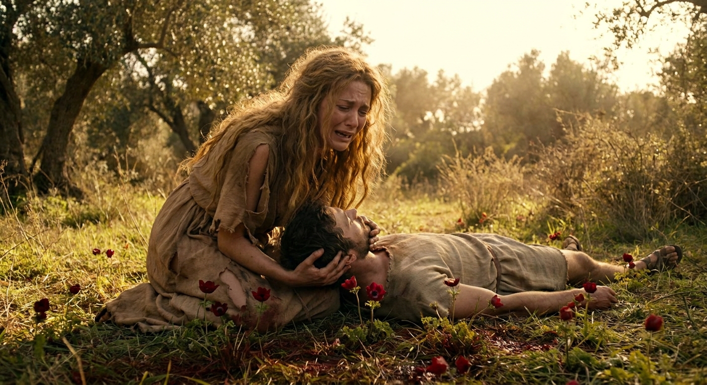 Aphrodite, an adult goddess with wind-tossed hair and torn robes, kneeling beside the dying adult Adonis in a sunlit wild field as small red anemones begin to bloom in the blood-dark grass, her face stricken with grief, cinematic dramatic realism