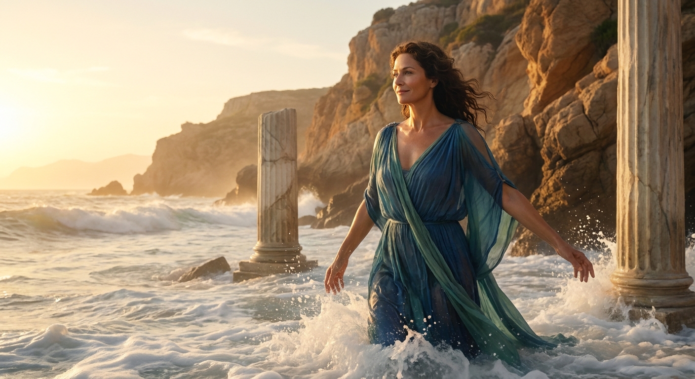 Aphrodite, an unmistakably adult goddess with luminous skin and wind-tossed hair, rising from swirling sea foam near rocky Mediterranean cliffs at dawn, elegant drapery clinging in sea-spray, subtle sensuality, cinematic painterly realism, dramatic light, no explicit nudity