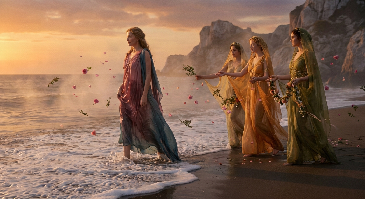 Aphrodite stepping onto the shoreline of Cythera as sea foam retreats, adult goddess barefoot on wet sand, the Horae approaching with flowing veils and golden ornaments, roses and myrtle caught in the wind, warm sunset light, distant marble cliffs and incense-like sea mist, cinematic dramatic composition