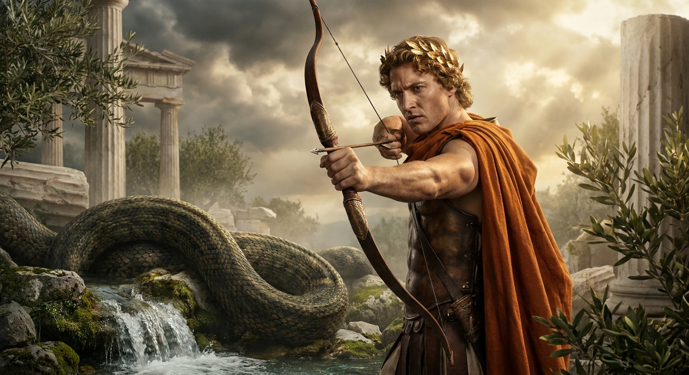 Apollo, a beautiful adult god with tense focus, drawing a bow as a massive serpent collapses among rocks and sacred spring water near Delphi, laurel leaves and temple stones visible, stormy light breaking into gold, cinematic painterly realism