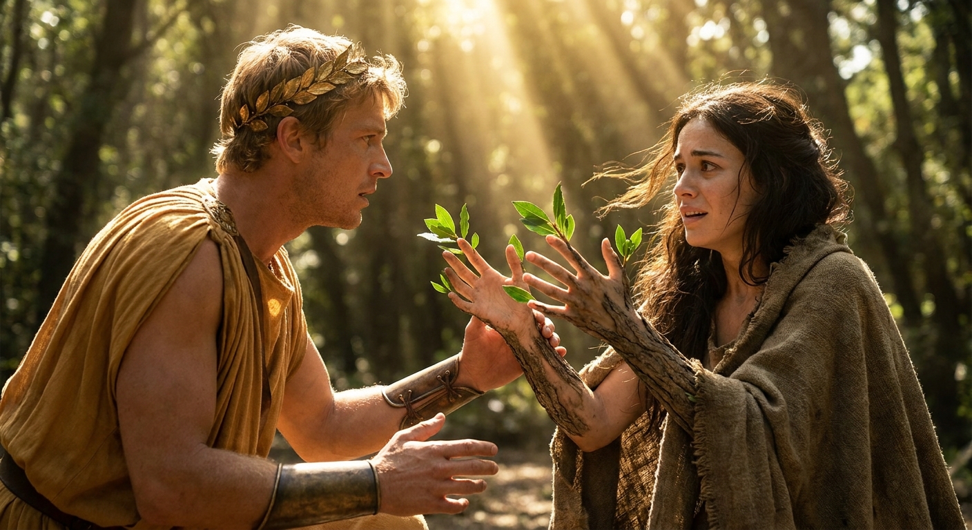 Apollo, an adult Greek god with sunlit hair and bronze accents, reaching out in shock as Daphne’s skin becomes bark and fresh green laurel leaves burst from her fingertips, her face caught between fear and relief, a forest clearing lit by harsh divine sunlight, cinematic realism with intense emotion