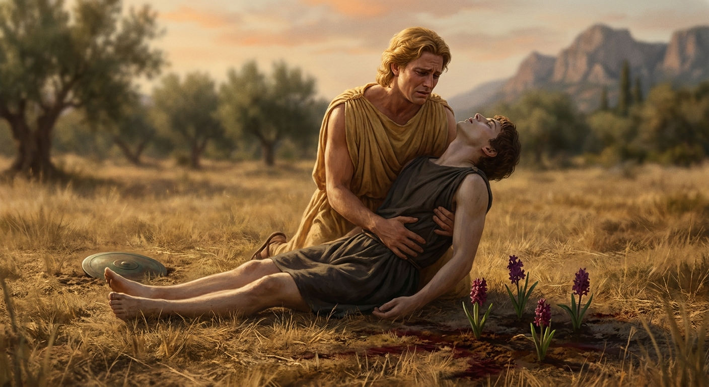 Apollo, an adult god stricken with grief, cradling the dying Hyacinthus, a young adult man, in a sunlit Spartan field, with a discus on the ground and the first hyacinth-like flowers emerging near spilled blood, cinematic painterly realism, shallow depth of field