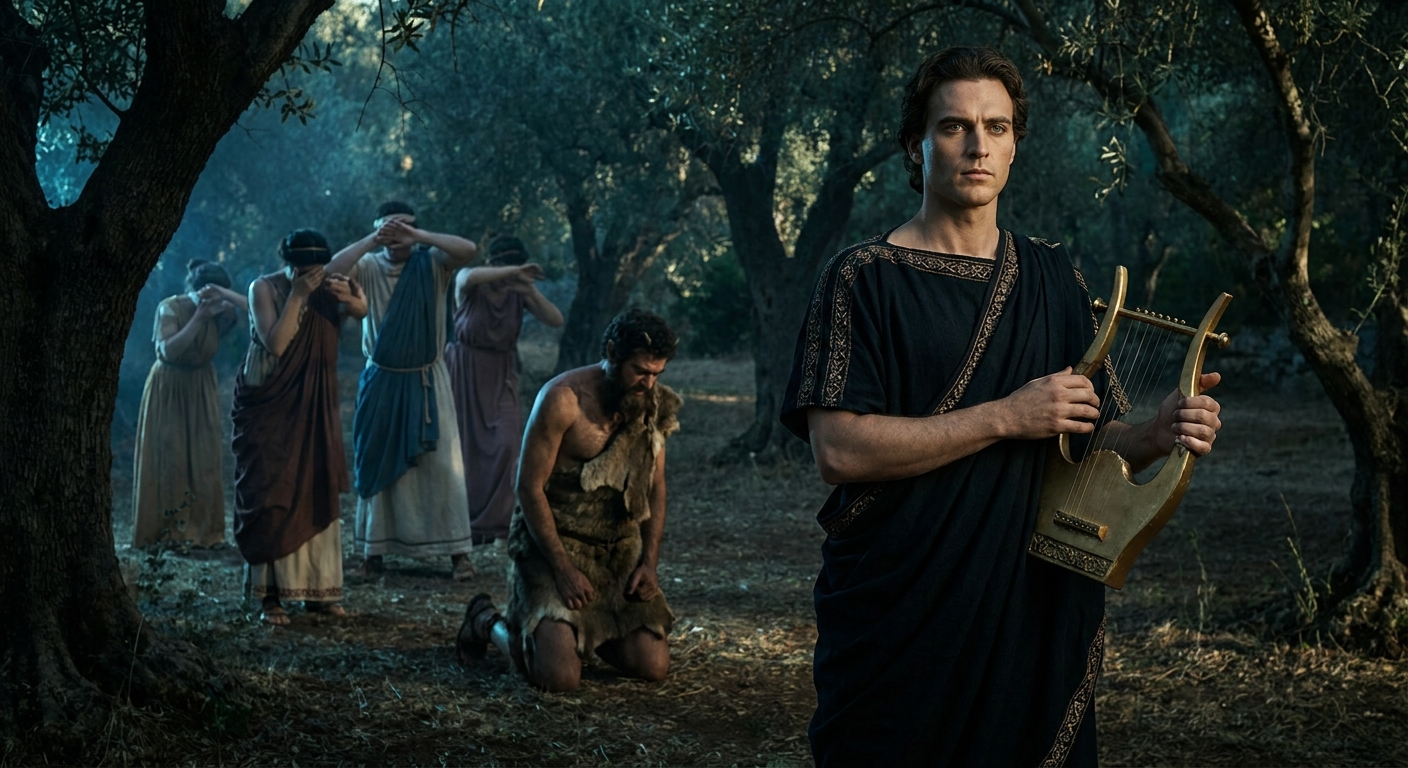 Apollo, an adult god with a calm, terrible expression, holding a lyre in a shadowed grove after a music contest, while Marsyas, an adult satyr, kneels defeated in the background with onlookers recoiling in horror, tense cinematic lighting, painterly realism, non-graphic composition