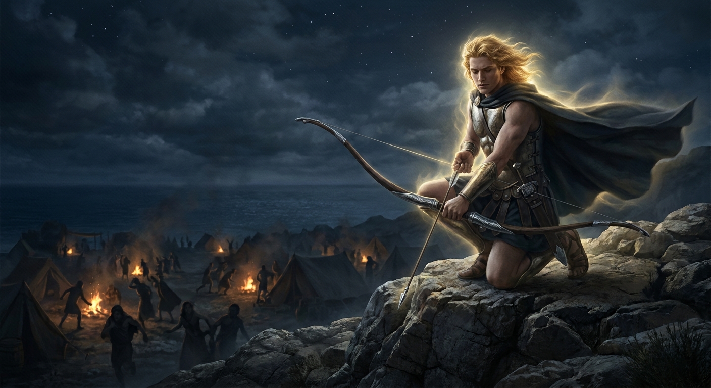 Apollo, an adult god wreathed in cold golden light, standing on a rocky rise at night and drawing a bow as unseen plague spreads through a distant Greek camp with flickering fires and frightened figures, sea wind whipping his cloak, cinematic painterly realism