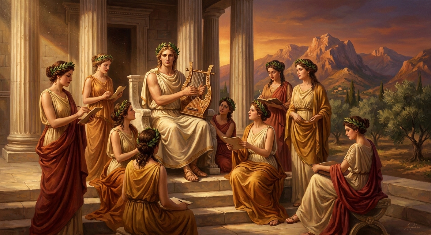 Apollo seated with a kithara among the nine adult Muses in a Greek sanctuary, laurel crowns and flowing robes in warm sunset light, marble columns and distant mountains creating a sacred, cinematic atmosphere