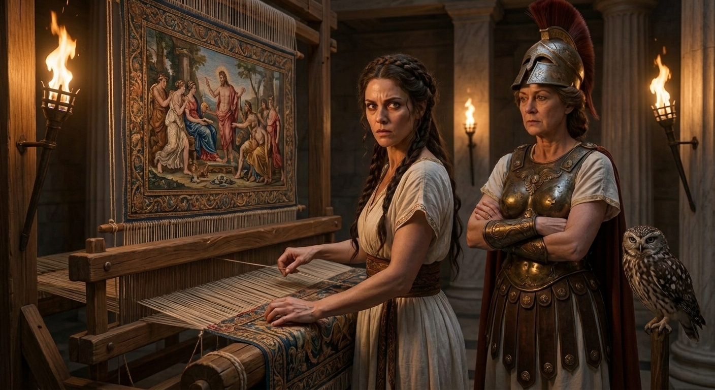 Arachne, an adult mortal woman with intense eyes, standing beside a towering loom with a breathtaking tapestry while Athena in bronze armor watches with cold restraint in a torchlit hall, threads and fabric held in tense stillness, cinematic painterly realism