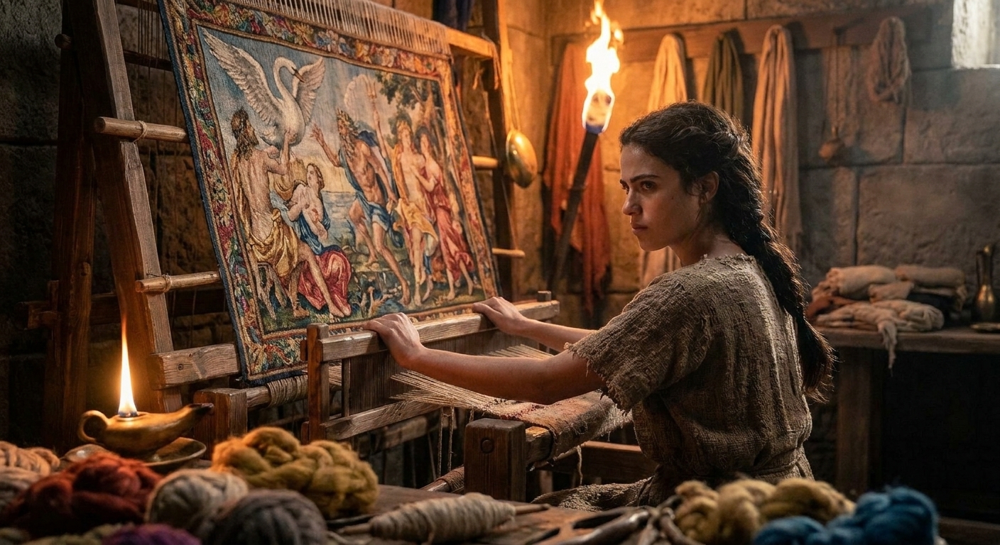 Arachne works at her loom, weaving a bold tapestry that depicts scandalous scenes of the Olympian gods, while torchlight warms the room and her expression stays defiant.