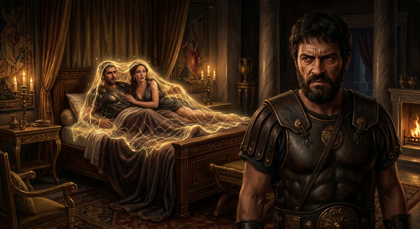 Ares and Aphrodite, both unmistakably adult, caught in a delicate glowing net in a lavish Olympian bedchamber while Hephaestus stands in the foreground with grim controlled fury, cinematic painterly realism