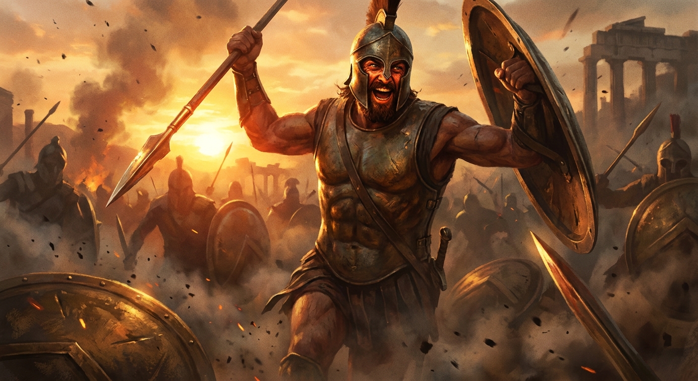 Ares charging through a smoky Trojan War battlefield with bronze weapons flashing around him, his face lit with feral exhilaration and wrath, fallen shields and dust in dramatic sunset light