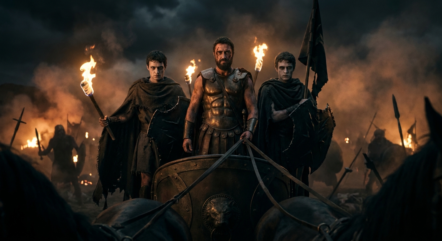 Ares standing on a war chariot at night with two adult sons beside him embodying fear and terror, their expressions cold and unsettling, torchlight and dust swirling in a dark mythic battlefield