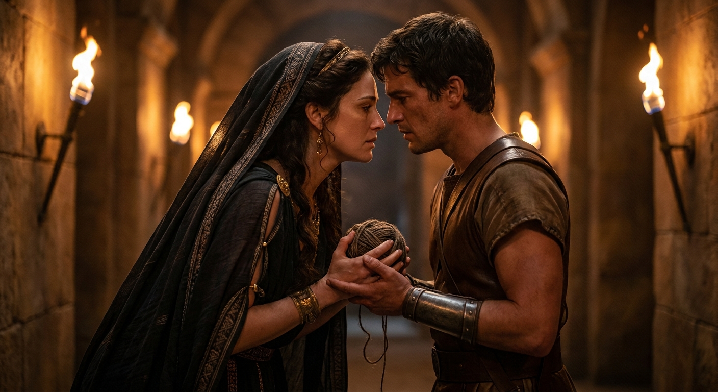 Ariadne, an adult Cretan princess in elegant ancient drapery, pressing a coil of thread into Theseus’s hand in a torchlit palace corridor, both faces close and charged with trust and dread, cinematic shallow depth of field, painterly realism
