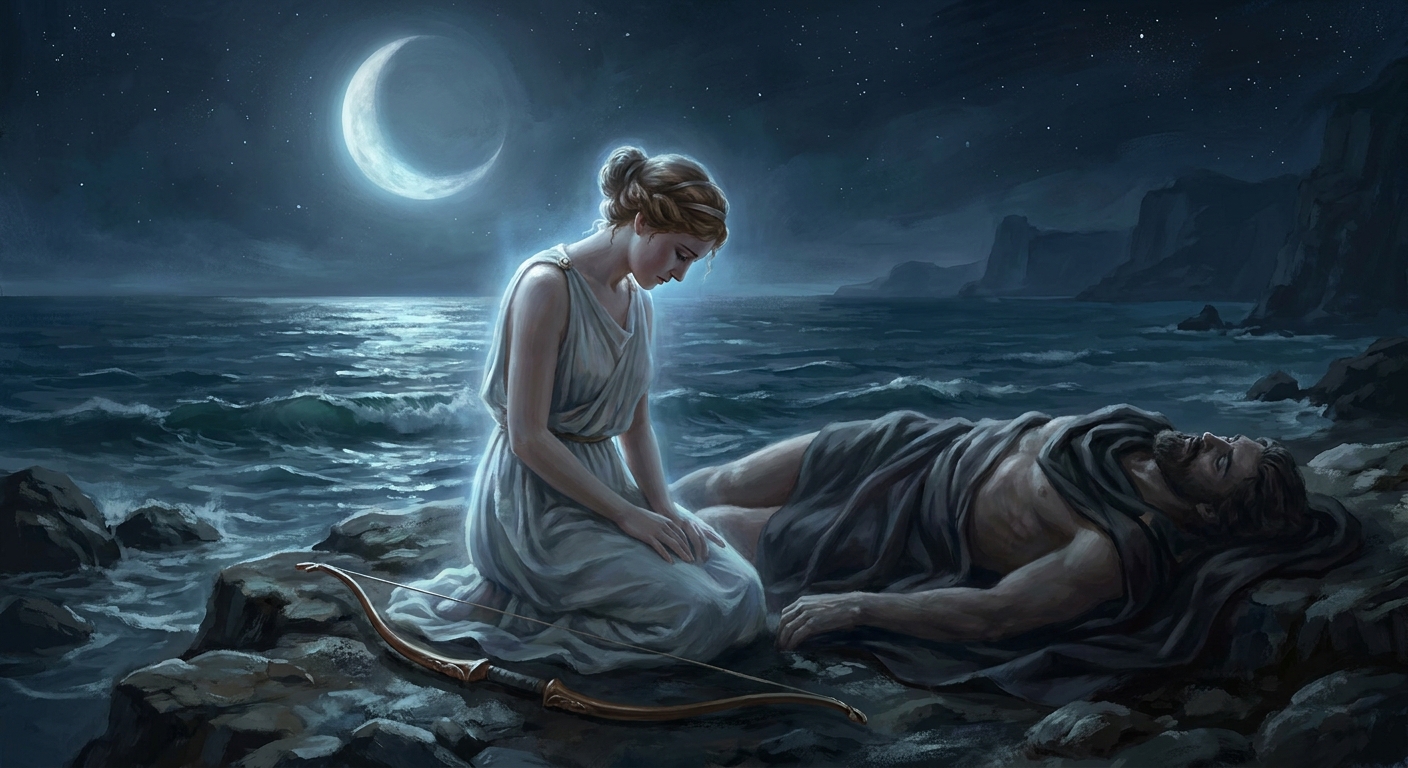 Artemis, adult goddess in a pale chiton, kneeling on a moonlit shoreline beside Orion’s still form, her bow lowered, the Aegean sea dark behind them, soft divine glow and quiet grief, cinematic realism