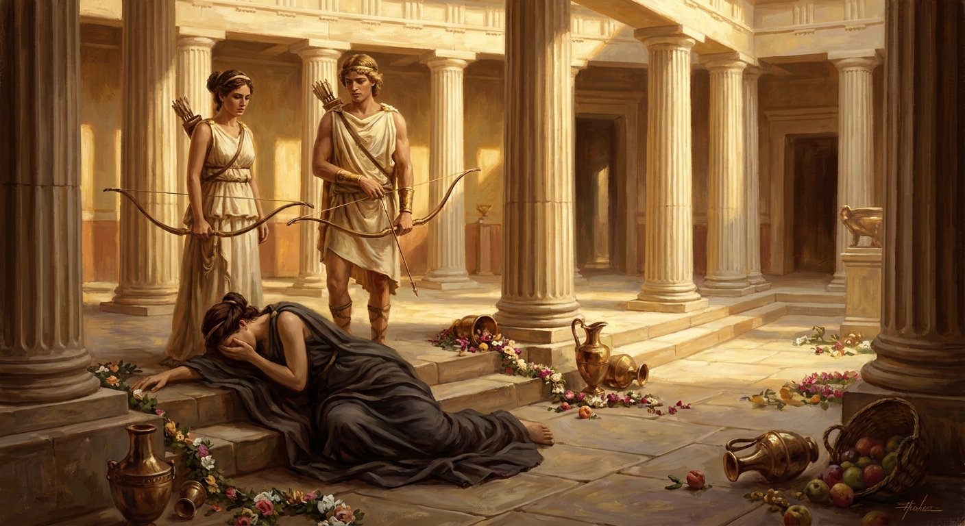 Artemis and Apollo, adult divine twins with bows, standing in a palace courtyard as Niobe collapses in grief, marble columns and scattered offerings around them, dramatic golden light and shadow, ancient Greek setting, painterly realism