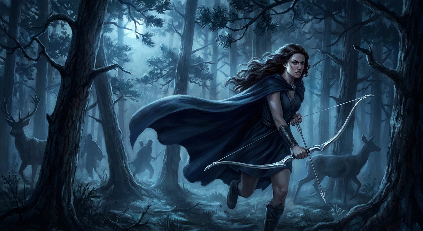 Artemis sprinting through a moonlit ancient forest with a silver bow drawn, hair and cloak flying, eyes focused and fierce, deer and shadows moving behind her, cold lunar light cutting through pine branches, cinematic painterly realistic myth drama