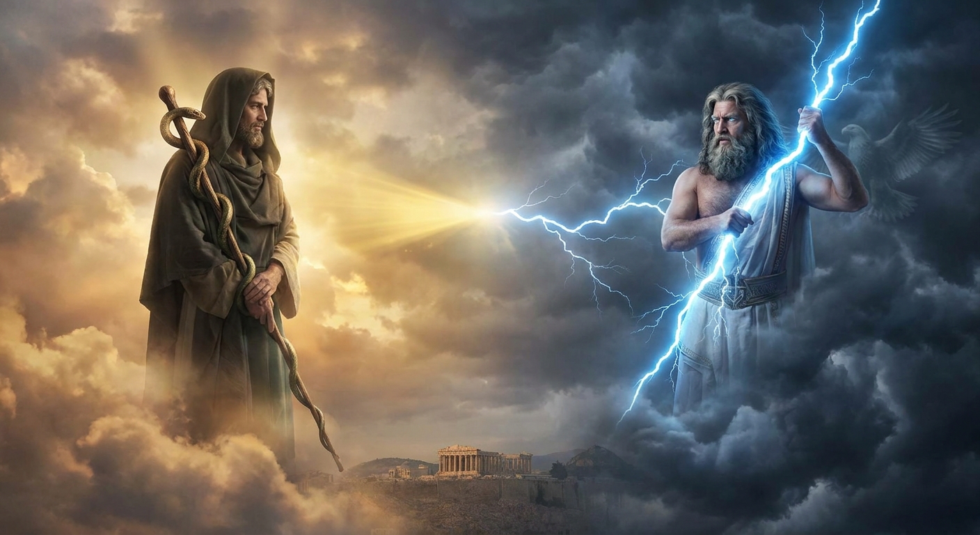 Asclepius with the rod-and-serpent facing Zeus’s lightning bolt in the sky, contrasting healing power with divine punishment and order.