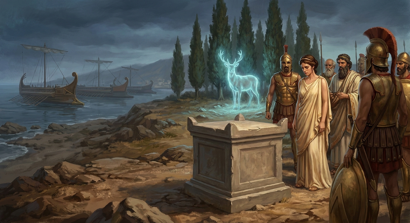 At Aulis, Iphigenia in ancient Greek dress stands near a stone altar as priests and soldiers gather in a windless harbor, Artemis’ presence suggested by a luminous deer and a cold divine light, bronze armor and ships in the background, dramatic painterly realism