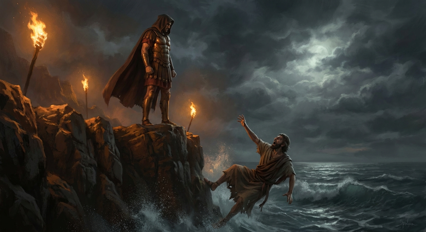 At a jagged sea cliff under stormy skies, Pelops stands rigid at the edge as Myrtilus falls toward dark waters below, one arm reaching upward in a final curse, waves exploding against rocks, dramatic torchlight and moonlight, cinematic painterly realism