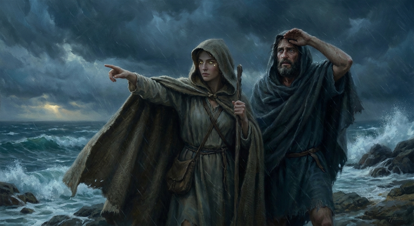 Athena disguised as a radiant traveler guiding Odysseus on a stormy shoreline, wind whipping cloaks, sea spray and dark waves behind them, Odysseus exhausted but determined, divine light in Athena’s eyes, cinematic painterly realistic ancient Greek scene