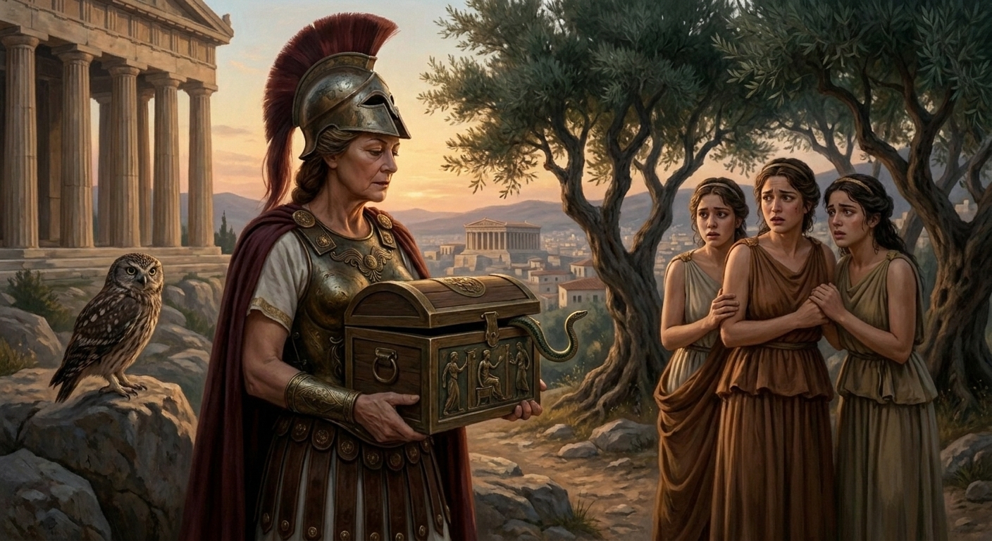 Athena holding a sealed wooden chest with bronze fittings while a serpent-tailed infant is hinted within, Cecrops’ daughters watching with fearful curiosity near an ancient olive grove on the Acropolis, dusk light and temple columns, cinematic painterly realism