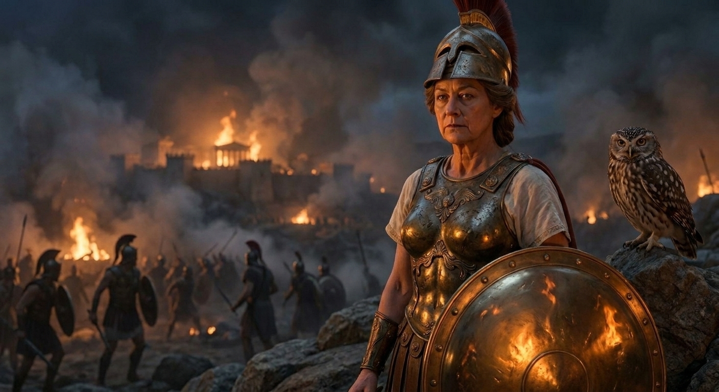 Athena in bronze armor standing above a smoky battlefield at night with Troy burning in the distance, her eyes cold and calculating as Greek warriors move below, firelight reflecting on her shield, cinematic painterly realism