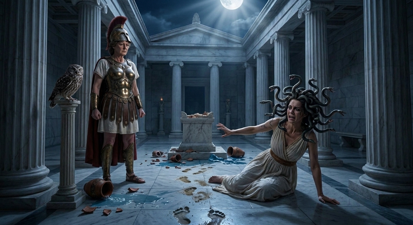 Athena in gleaming bronze armor standing inside a moonlit marble temple as Medusa, an adult woman with serpent hair, recoils in anguish mid-transformation, shattered offerings and sea-wet footprints hinting Poseidon’s intrusion, cinematic painterly realism