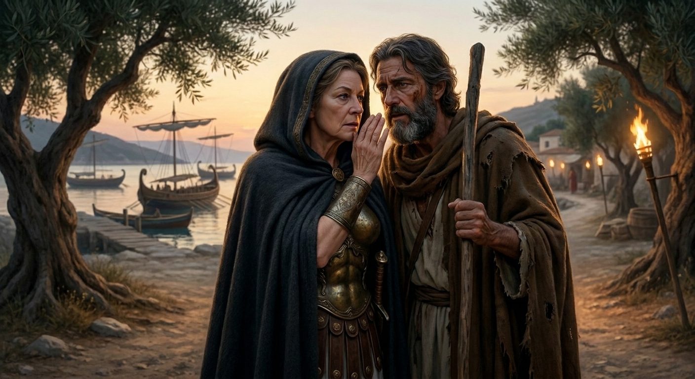 Athena in subtle divine disguise standing close beside Odysseus, an adult weary hero in a travel-worn cloak, on a dusk-lit harbor road lined with olive trees, their faces tense with recognition and planning, cinematic painterly realism
