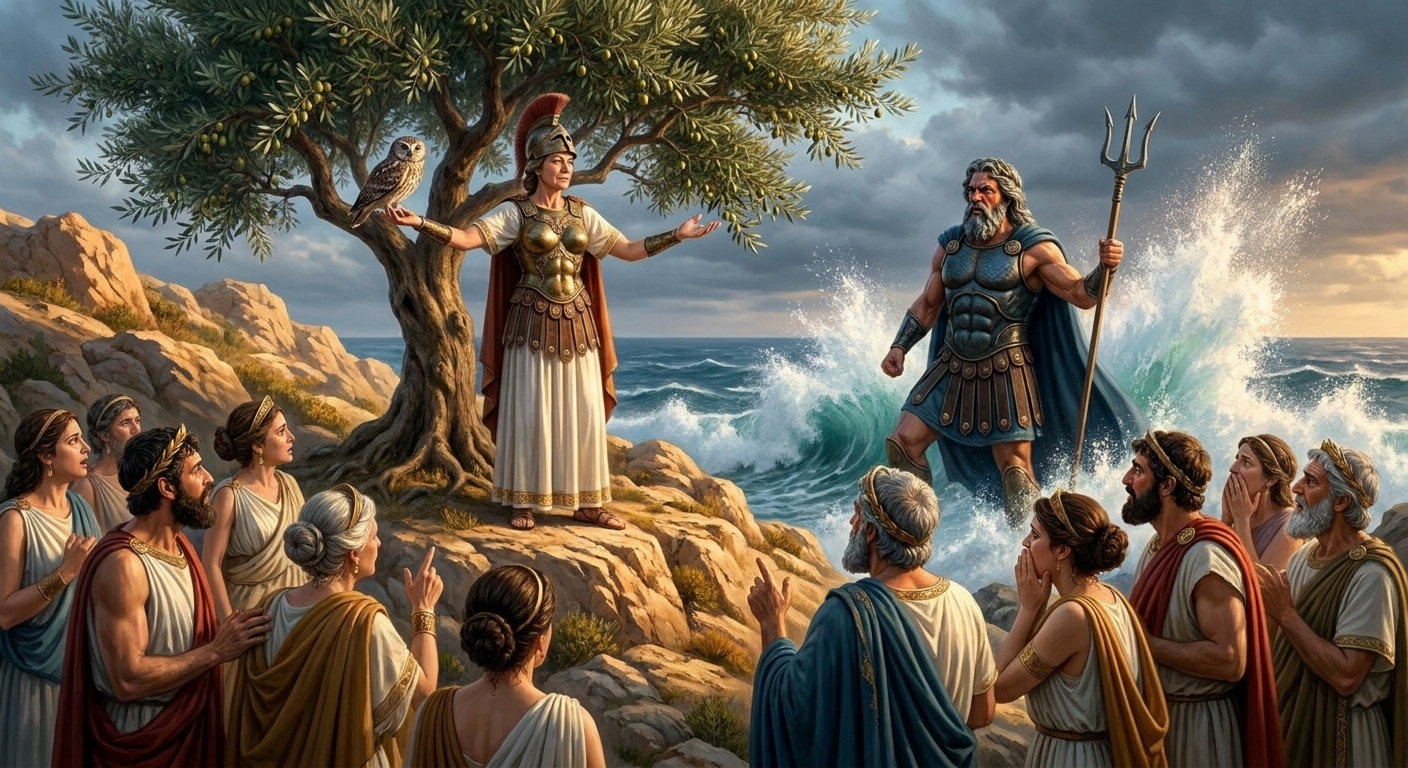Athena presenting a thriving olive tree on a sunlit rocky hill while Poseidon stands nearby with trident and sea spray rising behind him, ancient Greek citizens watching in tense awe, cinematic painterly realism