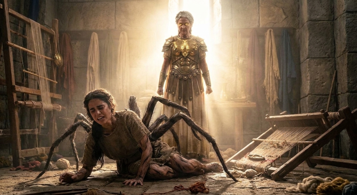 Athena reveals her divine form as Arachne collapses and begins transforming into a spider, with scattered threads on the workshop floor.