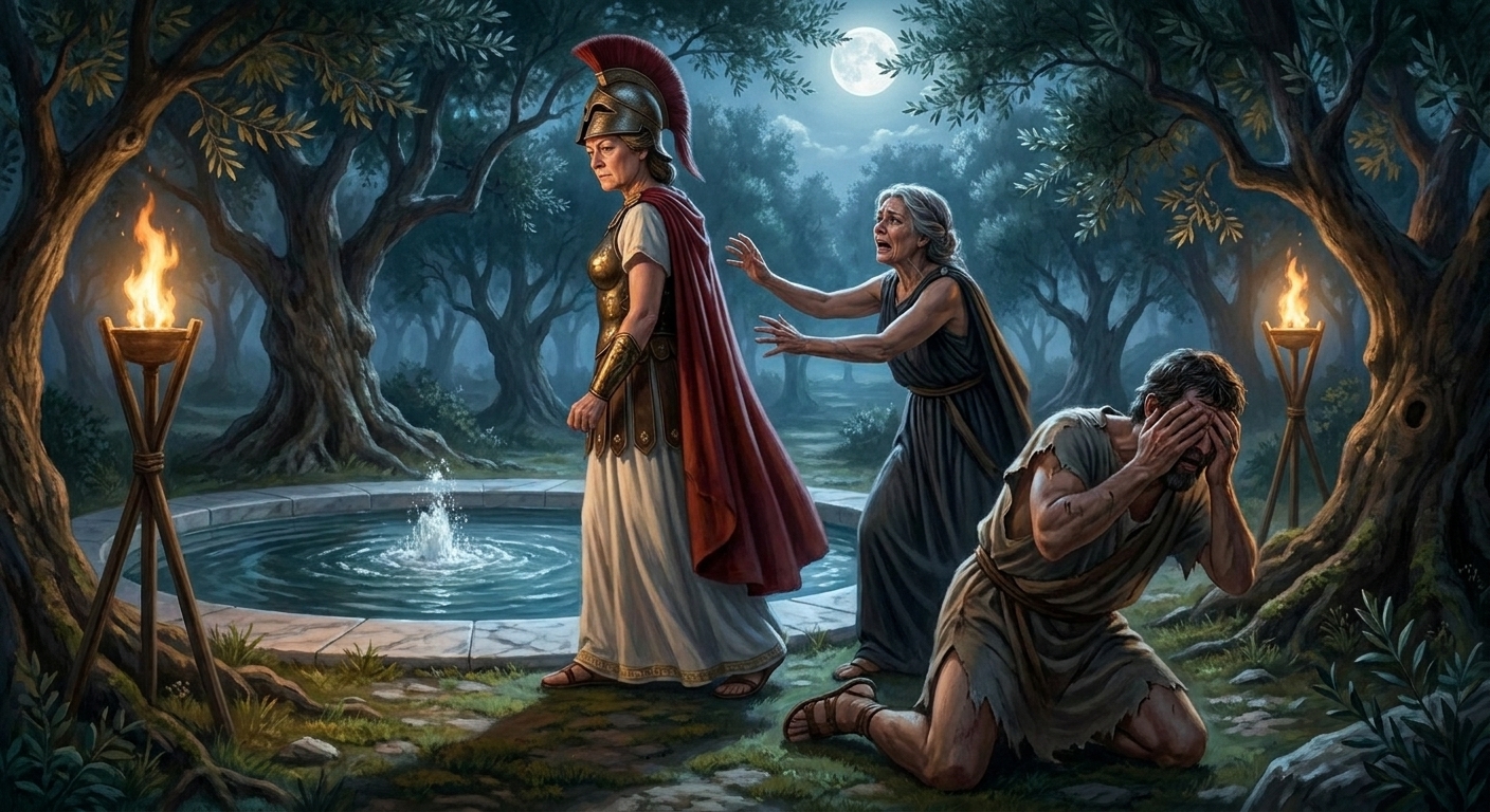 Athena turning away with stern composure beside a sacred spring while Tiresias, an adult man, collapses with hands over his eyes as his mother reaches toward the goddess in desperate appeal, moonlit grove and torch glow, cinematic painterly realism