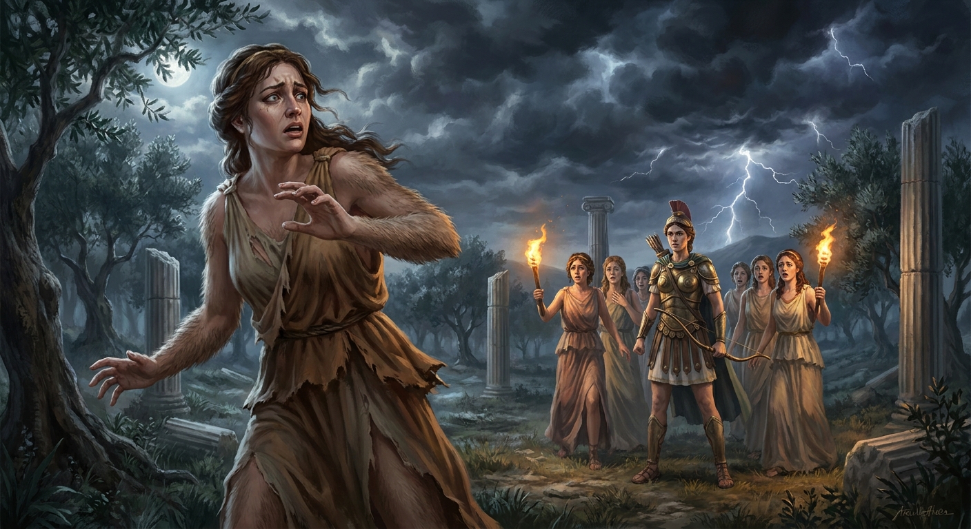 Callisto, an adult nymph in torn ancient garments, recoiling as her body begins to transform into a bear beneath a stormy sky, with Artemis and her huntresses in a sacred grove, torchlight and moonlight mixing, tense mythic atmosphere