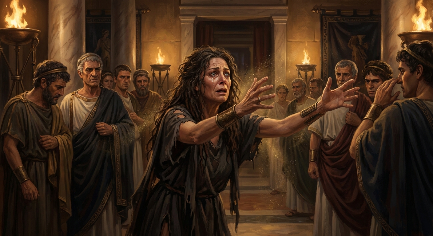Cassandra, an adult Trojan princess with wild hair and tear-bright eyes, reaching out in desperate warning inside a torchlit palace hall as nobles recoil and ignore her, with a faint golden glow suggesting Apollo’s curse in the air, cinematic painterly realism