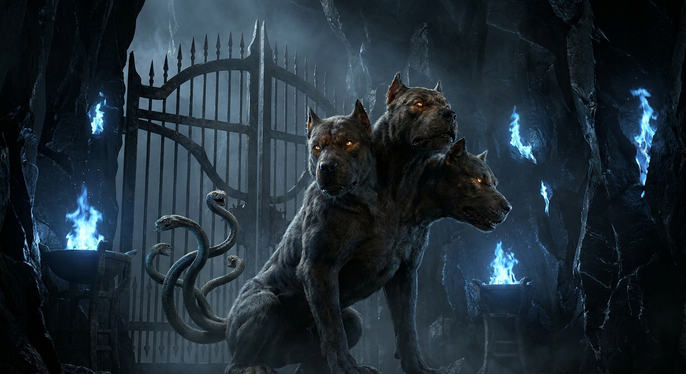 Cerberus, a massive three-headed hound with serpents at his tail, guarding the shadowy gates of the Underworld as dim blue firelight flickers on black stone and iron, cinematic Greek myth realism
