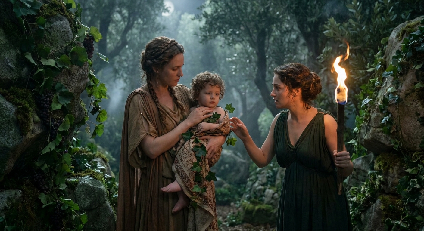 Child Dionysus, clearly divine but non-sexual and childlike, being sheltered by adult nymphs in a lush sacred forest on Mount Nysa, ivy and grapevines climbing ancient rocks, soft torchlight and moonlit mist, cinematic shallow depth of field