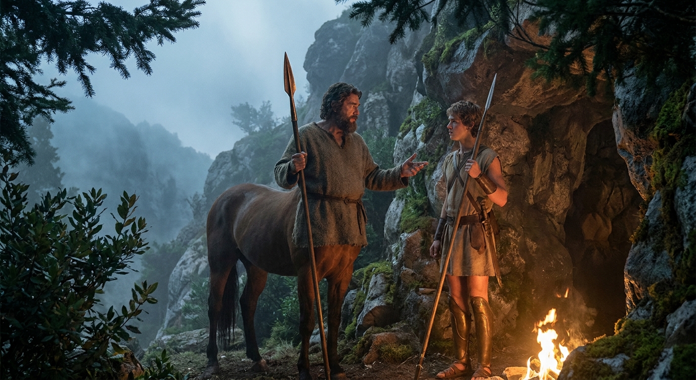 Chiron the wise centaur training Achilles on Mount Pelion, teaching him spear technique beside a cave with laurel and pine, warm firelight against cool mountain mist, painterly cinematic realism