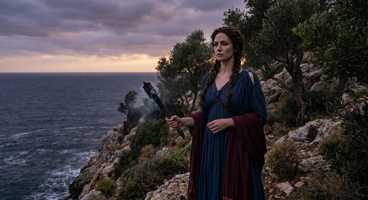 Circe, an adult goddess in flowing ancient Greek robes, standing on a sea cliff at dawn on Aeaea with a torch extinguishing in her hand, looking out over storm-dark water, cinematic painterly realism, laurel and olive trees behind her, solemn expression