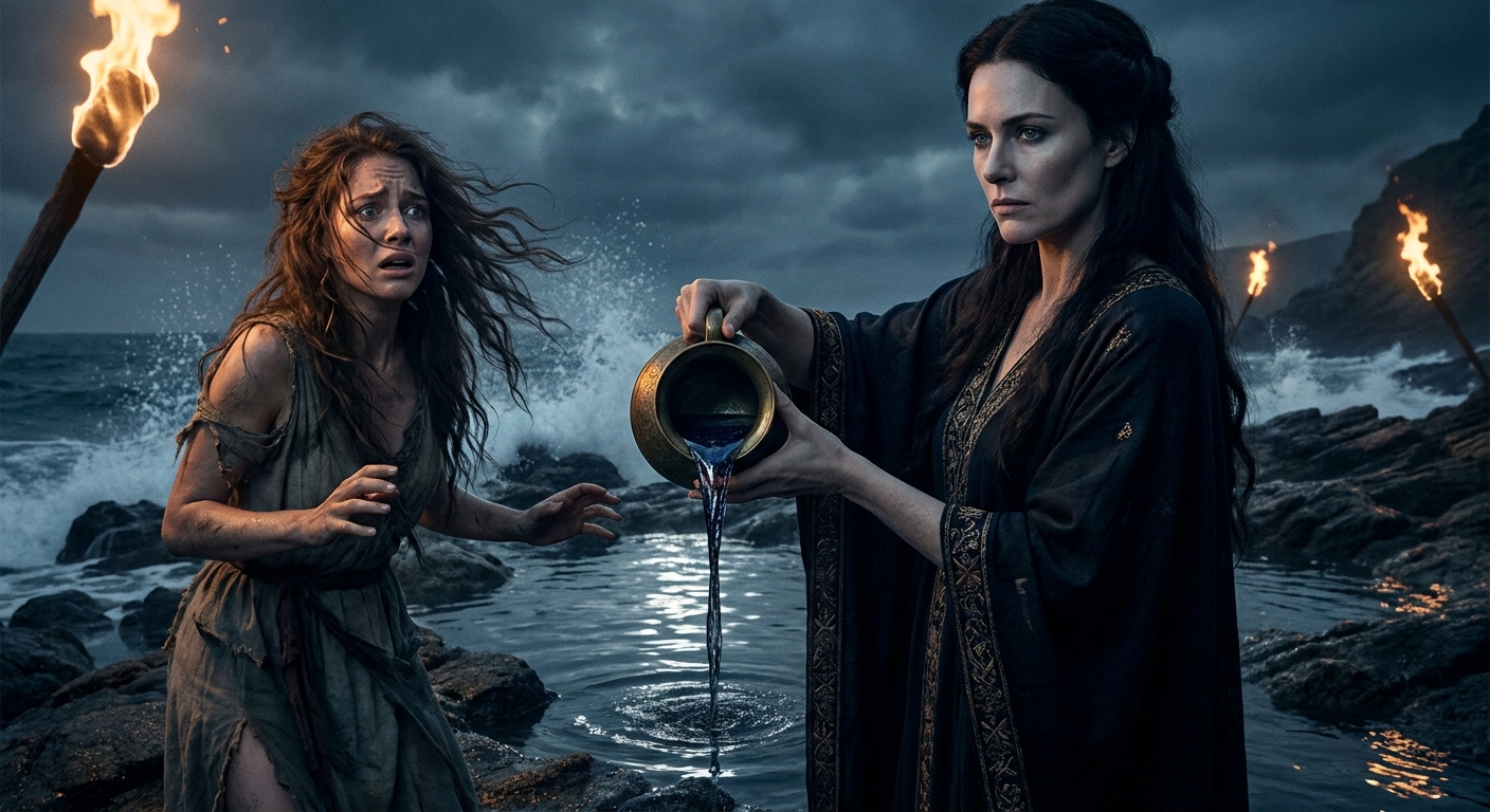 Circe, an adult goddess with a cold, intent expression, pouring a dark shimmering potion into a moonlit tidal pool on a rocky shoreline as Scylla, a terrified adult nymph, recoils near the water’s edge, cinematic tension, painterly realism, sea spray and torchlight