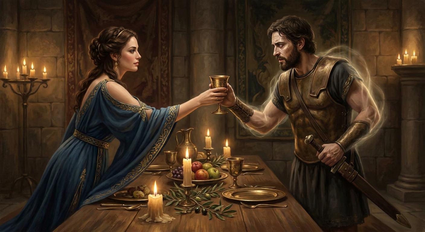 Circe in flowing ancient drapery offering a gilded cup across a candlelit banquet table on Aeaea as Odysseus, tense and wary, holds a sword low while a faint divine glow suggests Hermes’s aid, cinematic Greek myth realism