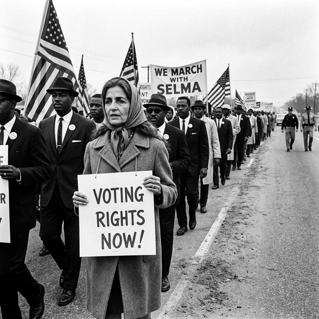 Civil rights marchers walking along an Alabama highway during the Selma voting rights marches in March 1965, carrying signs and flags, historic documentary photograph style