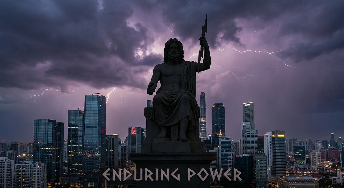 Classical Zeus statue silhouette composited against a modern city skyline under stormy clouds, showing enduring relevance of power imagery.