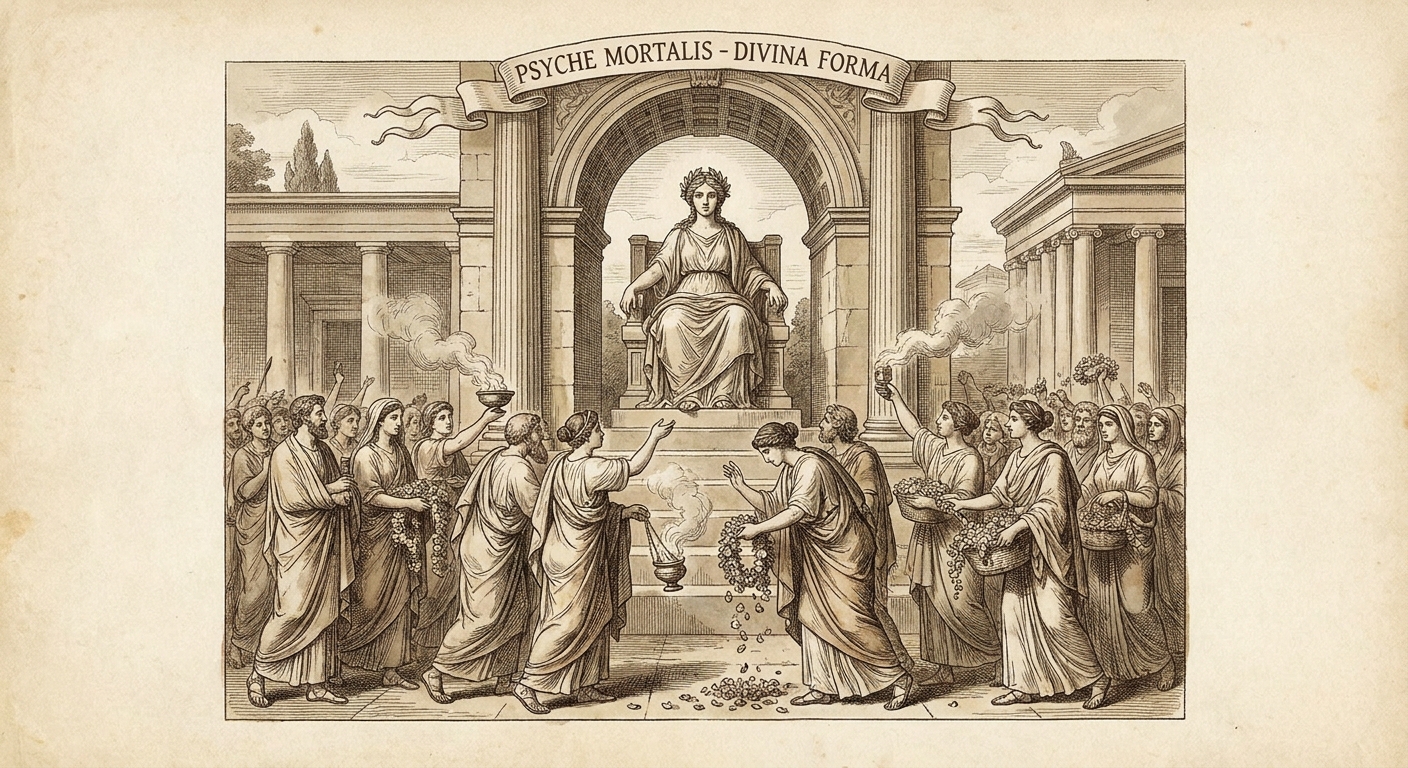 Classical-style illustration showing Psyche on a temple dais as crowds offer incense and flowers, emphasizing mortal beauty receiving divine-style worship.