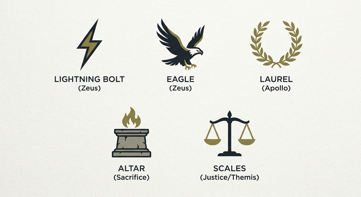 Clean flat-lay of labeled icon-style symbols used in Greek myth—lightning bolt, eagle, laurel, altar, and scales—suited for glossary reference.