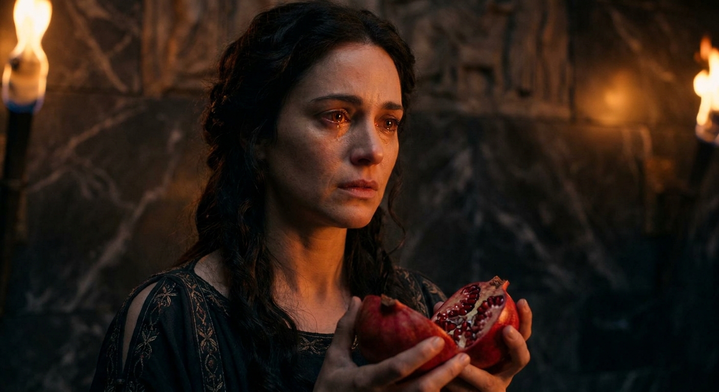 Close, cinematic scene of adult Persephone holding a split pomegranate in her hands in the Underworld, crimson seeds glistening, her expression conflicted and inward, torchlight reflecting in her eyes, dark marble background, painterly realism