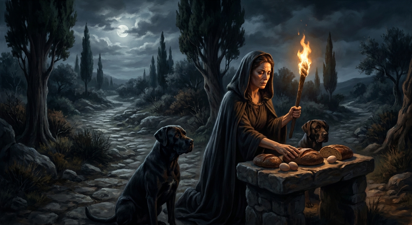 Close cinematic scene of an adult woman embodying Hecate kneeling at a moonlit three-way crossroads placing an offering of bread and eggs on a low stone altar, two watchful dogs beside her, torchlight on her intent face, ancient Greek road and cypress trees behind, painterly realism