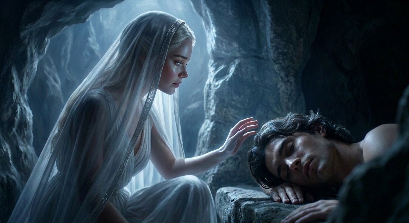 Close, intimate scene of Selene, an adult moon-goddess with luminous eyes and silver veil, kneeling beside the sleeping adult Endymion in a moonlit cave, her expression tender and conflicted, her fingertips hovering above his cheek without touching, cinematic dramatic contrast, painterly realism, film-still composition, no modern elements