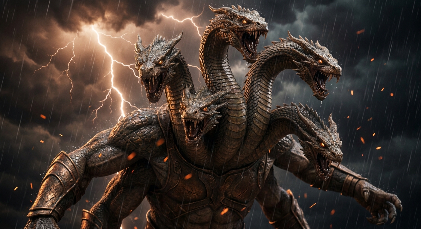 Close scene of Typhon’s upper body in a thunderstorm, an enormous adult male figure with many dragon and serpent heads snarling in different directions, rain and embers in the air, bronze lightning illuminating scaled textures and burning eyes, cinematic shallow depth of field
